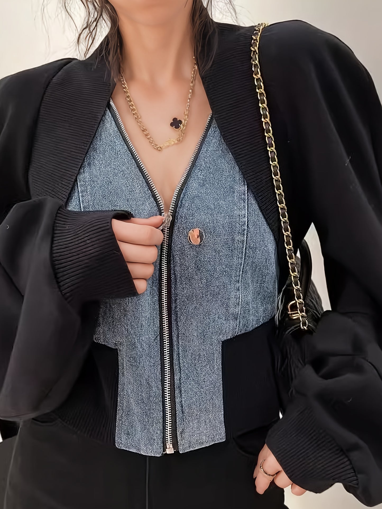 Plus Size Patchwork Denim Jacket - Long Sleeve Zippered Short Jacket for Women