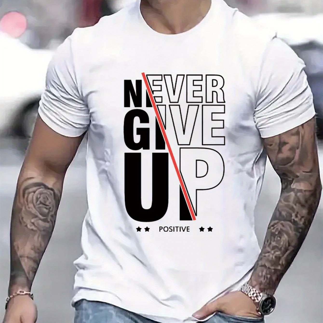 Men's Never Give Up Graphic T-Shirt - Casual Short Sleeve Crew Neck Tee