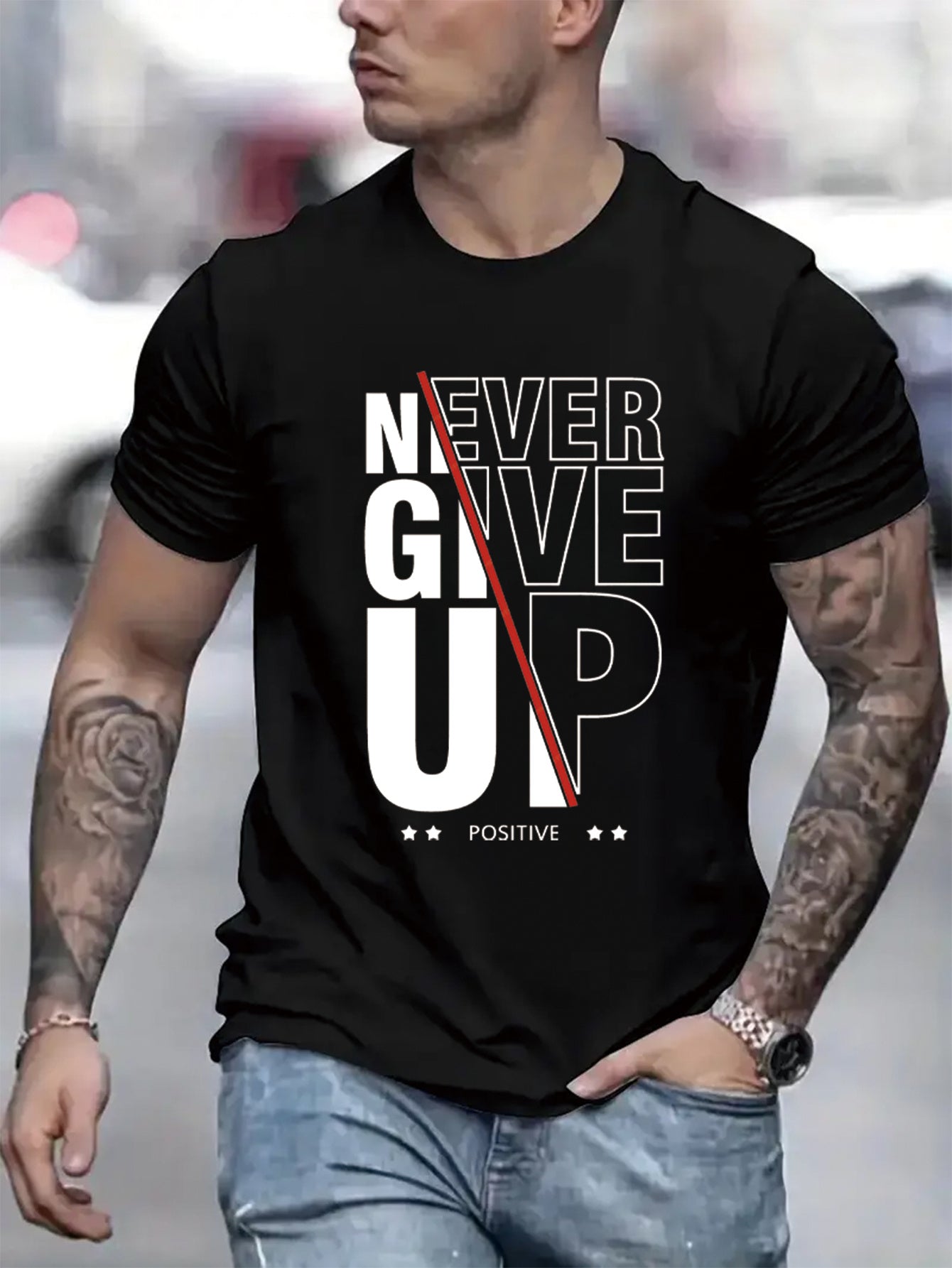 Men's Never Give Up Graphic T-Shirt - Casual Short Sleeve Crew Neck Tee