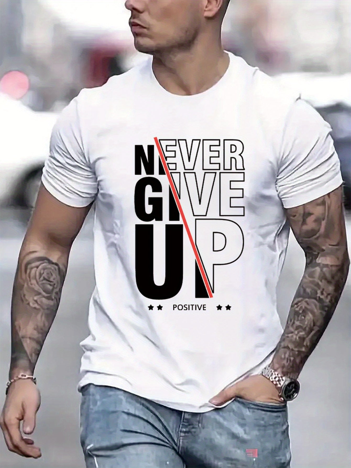 Men's Never Give Up Graphic T-Shirt - Casual Short Sleeve Crew Neck Tee