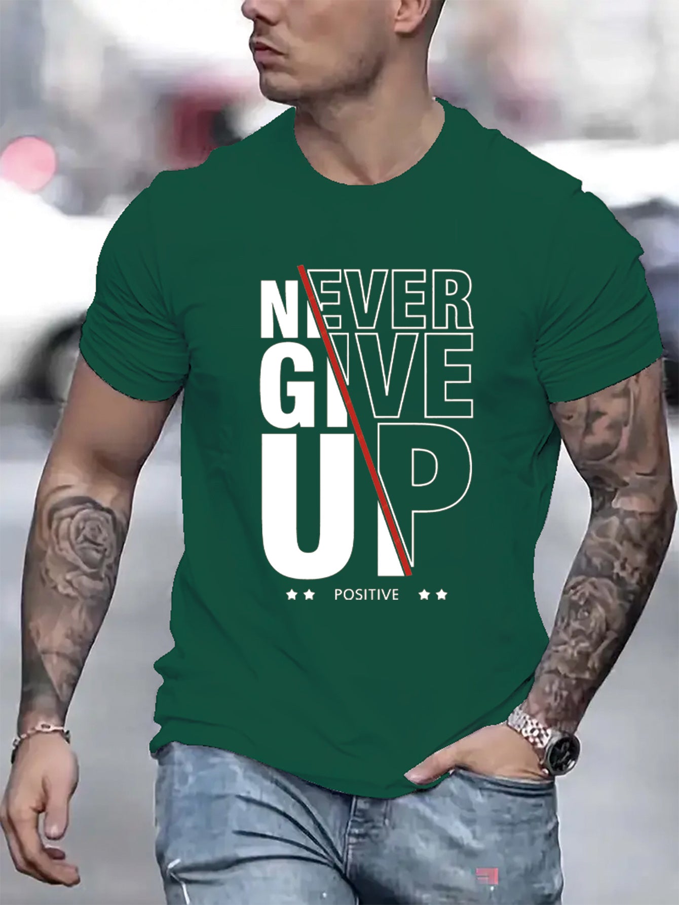 Men's Never Give Up Graphic T-Shirt - Casual Short Sleeve Crew Neck Tee