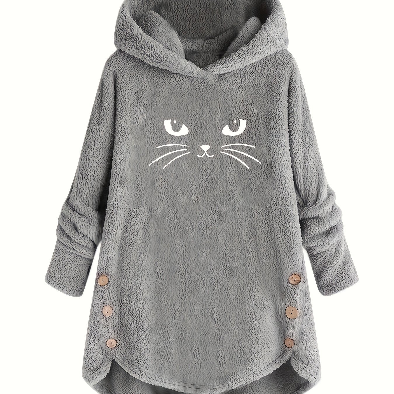 Cat Print Plush Hoodie for Women - Cozy Long Sleeve Button Sweatshirt