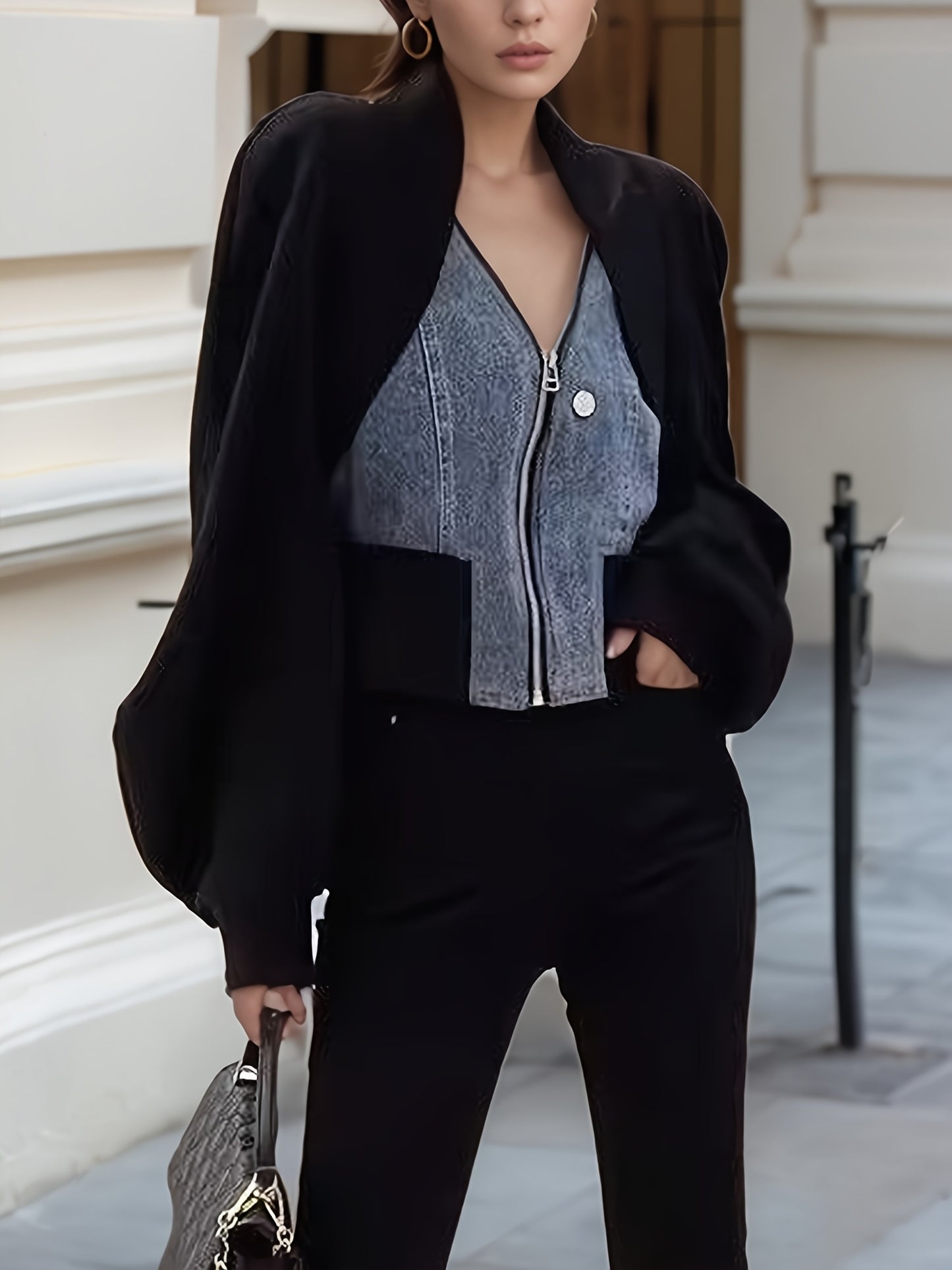 Plus Size Patchwork Denim Jacket - Long Sleeve Zippered Short Jacket for Women