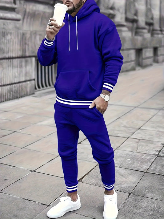 Men's Solid Color Tracksuit Set - Hoodie & Joggers with Pockets