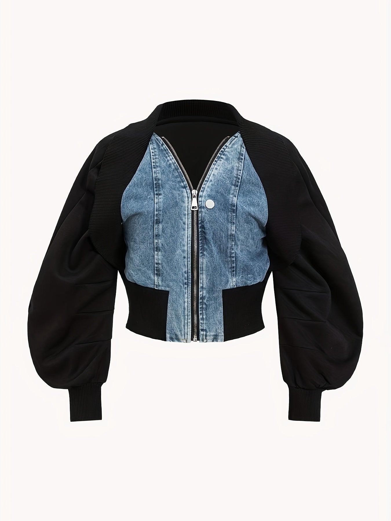 Plus Size Patchwork Denim Jacket - Long Sleeve Zippered Short Jacket for Women