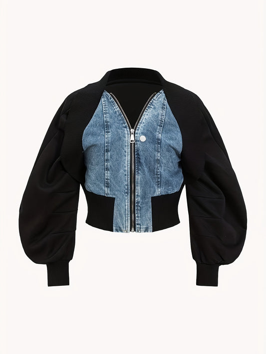 Plus Size Patchwork Denim Jacket - Long Sleeve Zippered Short Jacket for Women