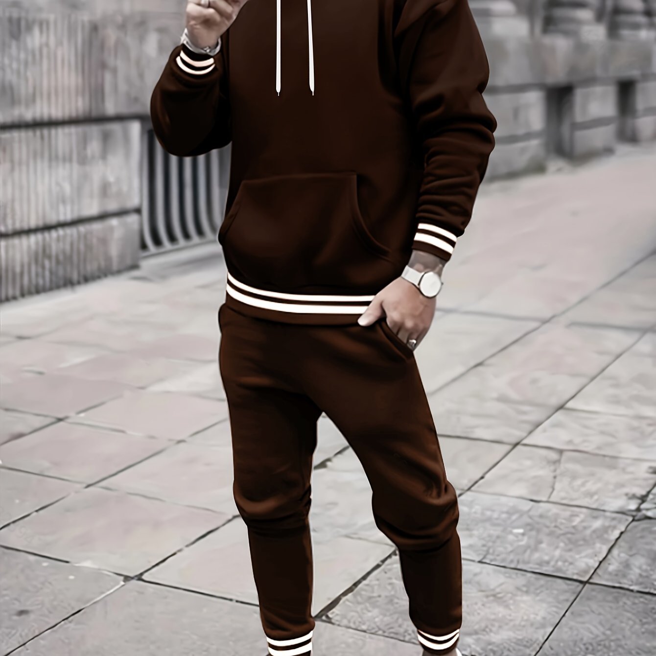 Men's Solid Color Tracksuit Set - Hoodie & Joggers with Pockets
