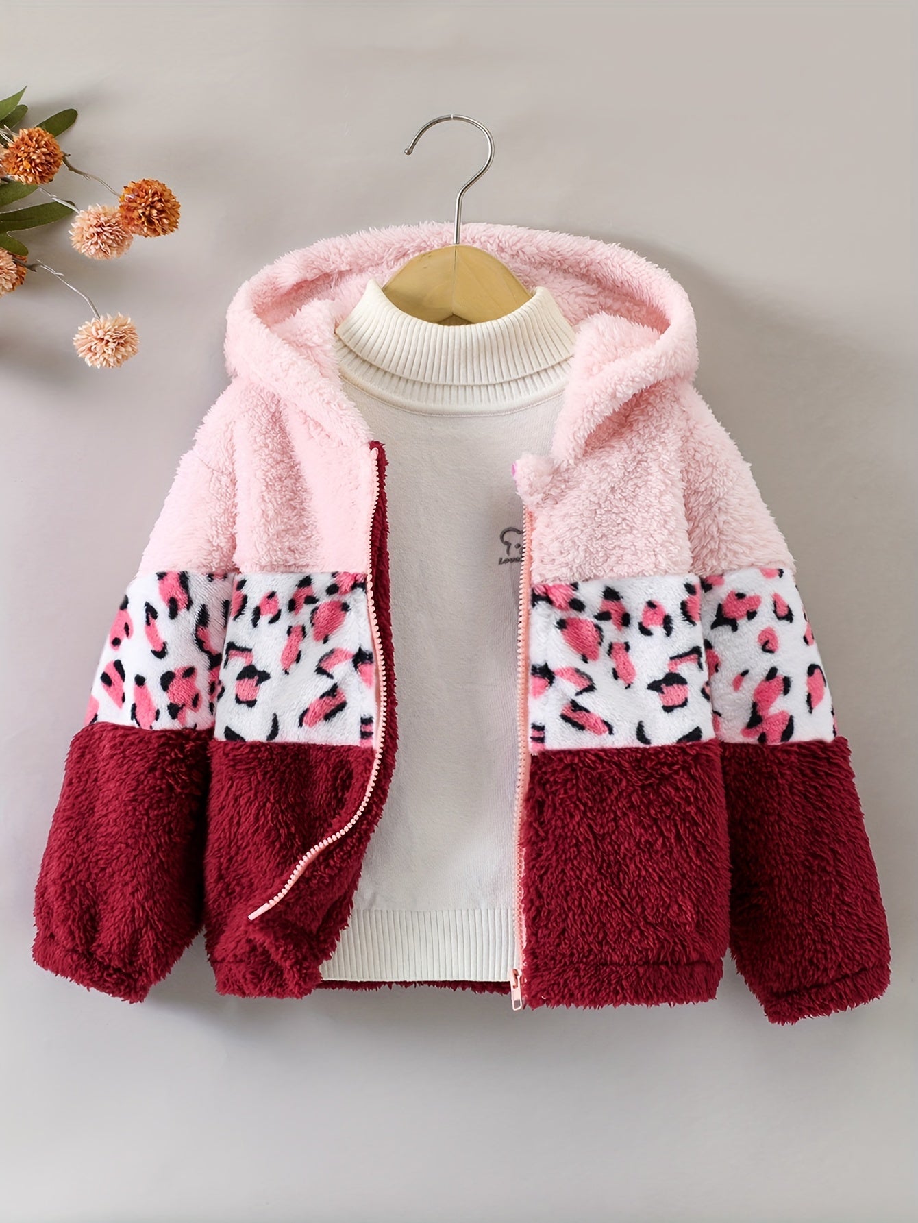 Girls Leopard Print Hoodie - Warm Fleece-Lined Zip-Up Jacket for Fall Winter