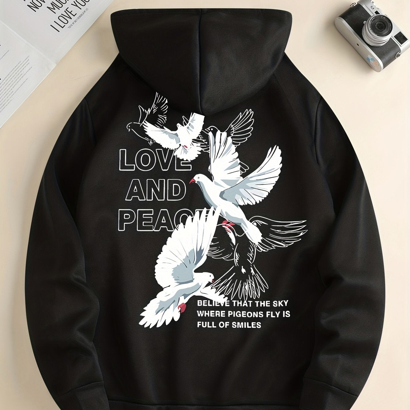 Men's Love and Peace Graphic Hoodie - Casual Pullover with Kangaroo Pocket