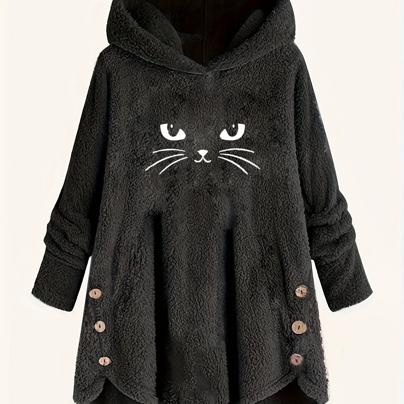 Cat Print Plush Hoodie for Women - Cozy Long Sleeve Button Sweatshirt