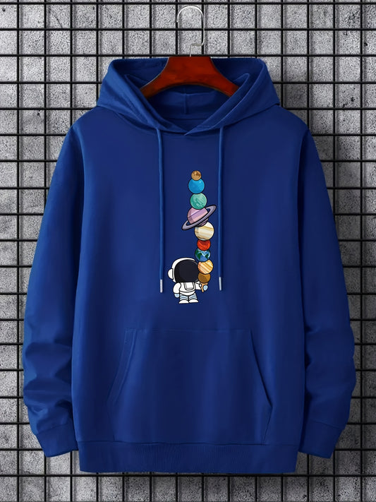 Men's Astronaut Moon Graphic Hoodie - Galactic Print Pullover with Pocket
