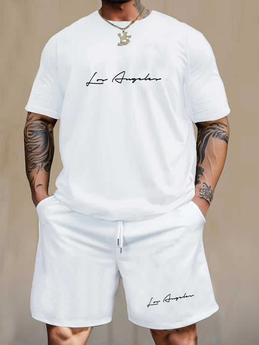 Men's 2-Piece Pajama Set - Letter Print Short Sleeve T-Shirt & Shorts Loungewear