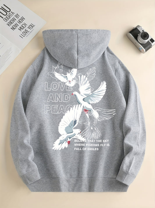 Men's Love and Peace Graphic Hoodie - Casual Pullover with Kangaroo Pocket