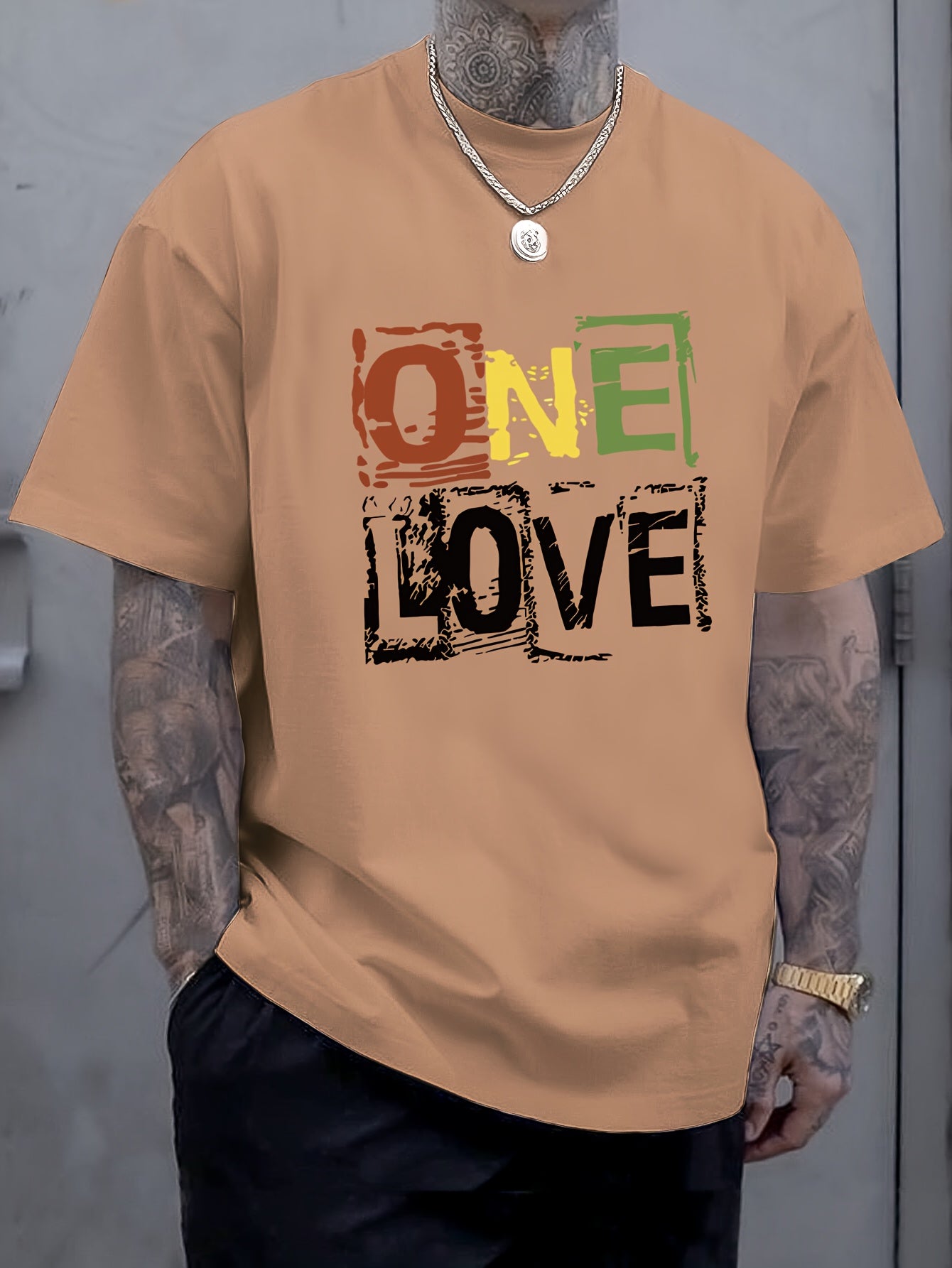 Men's One Love Letter Print T-Shirt - Casual Crew Neck Short Sleeve Tee
