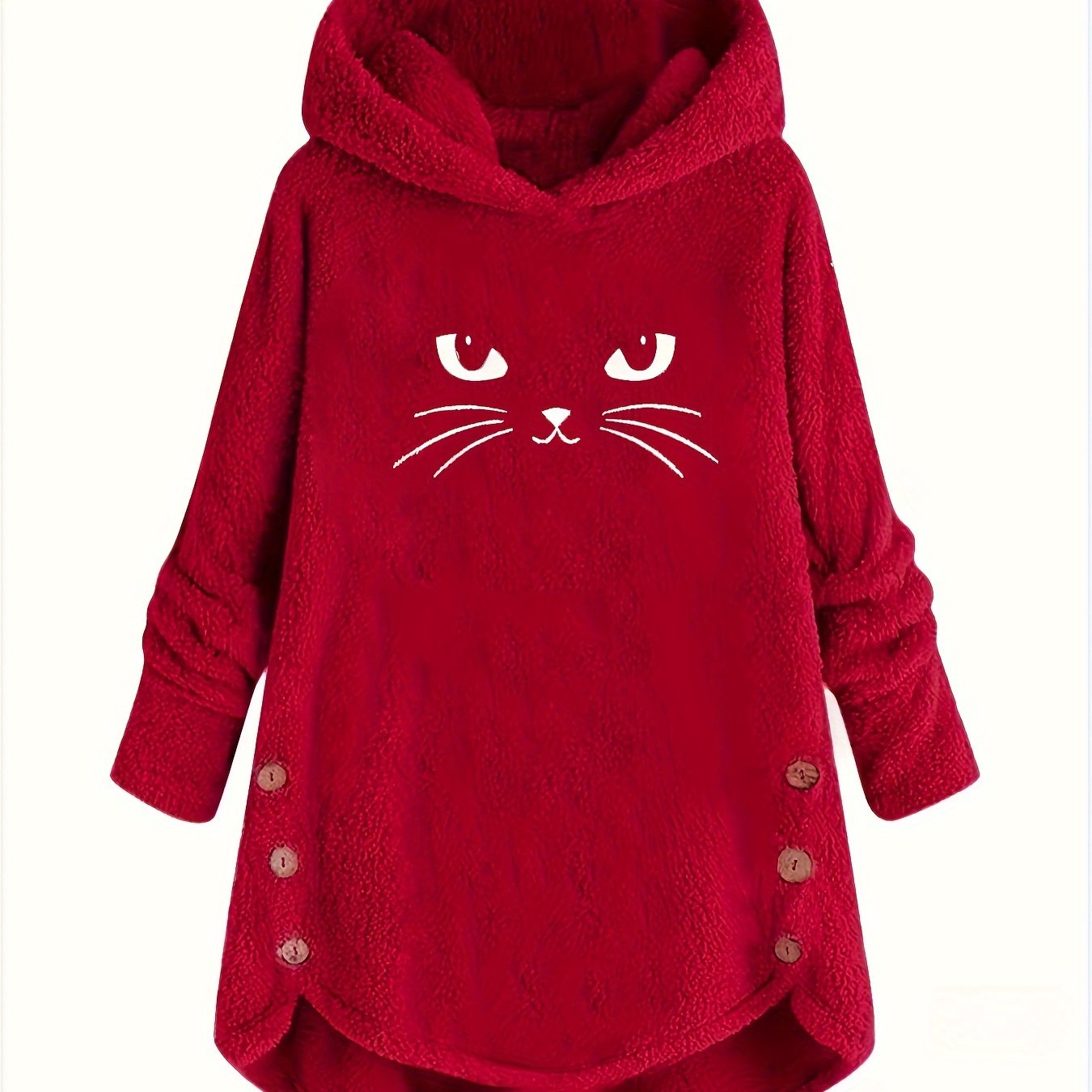 Cat Print Plush Hoodie for Women - Cozy Long Sleeve Button Sweatshirt