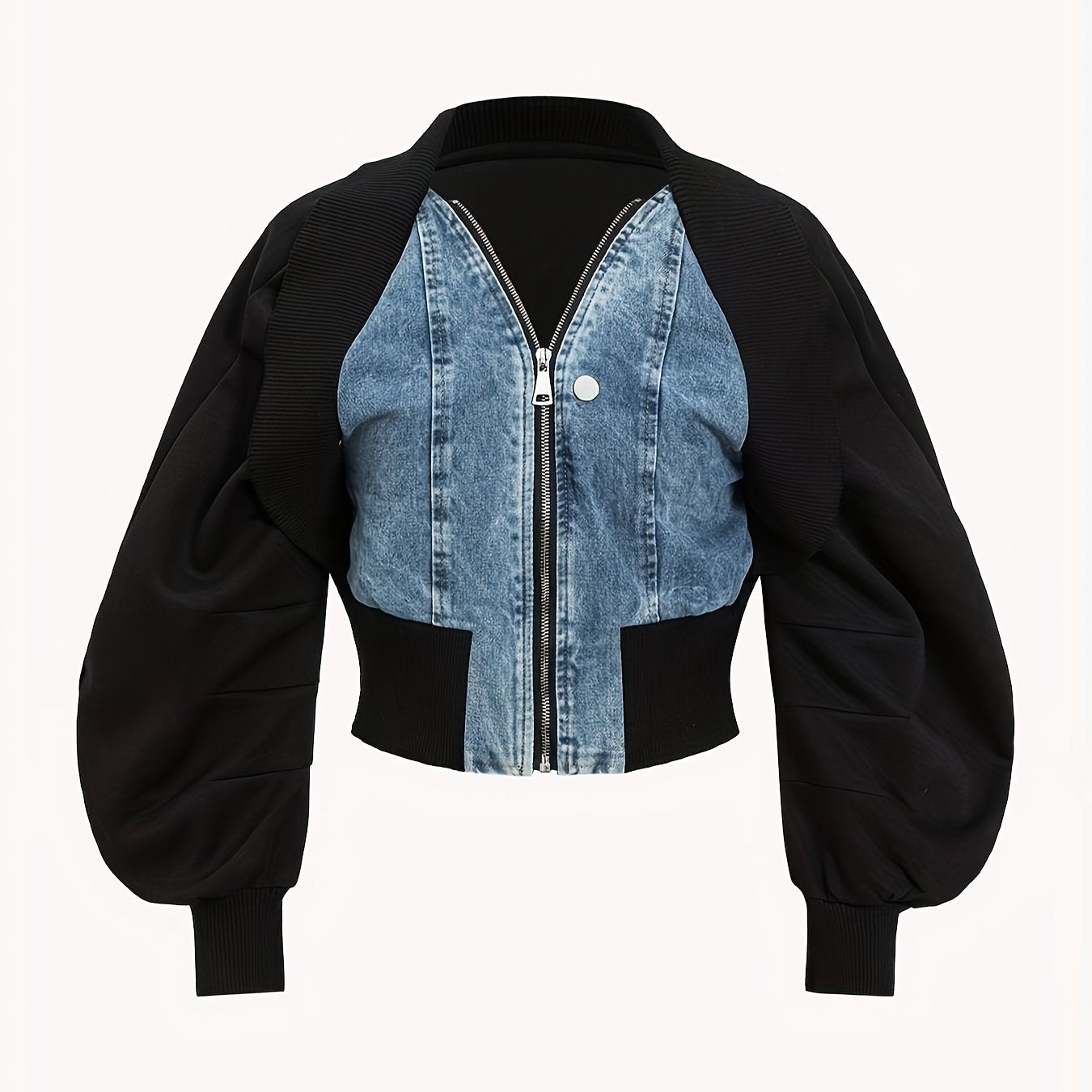 Plus Size Patchwork Denim Jacket - Long Sleeve Zippered Short Jacket for Women