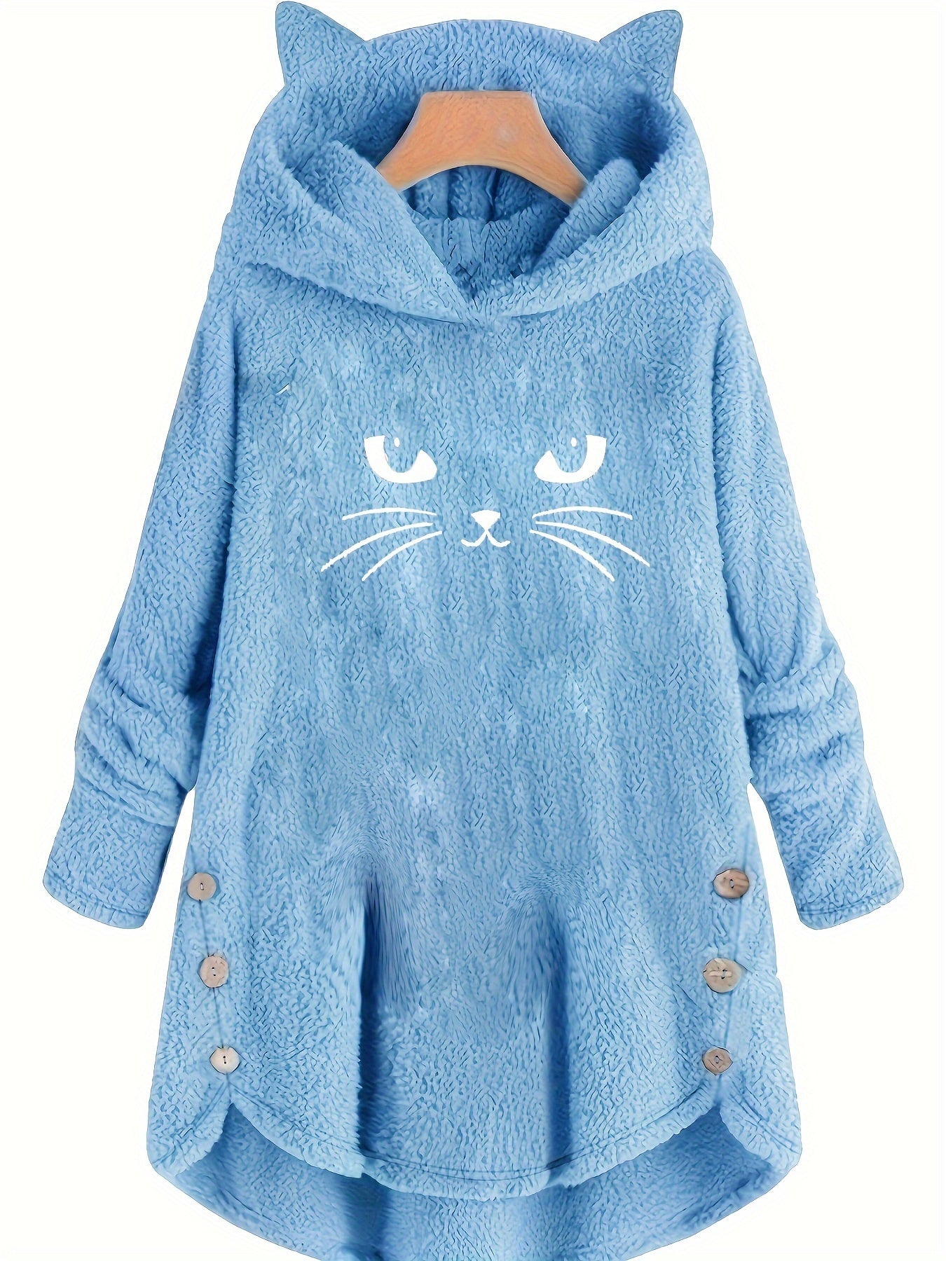 Cat Print Plush Hoodie for Women - Cozy Long Sleeve Button Sweatshirt
