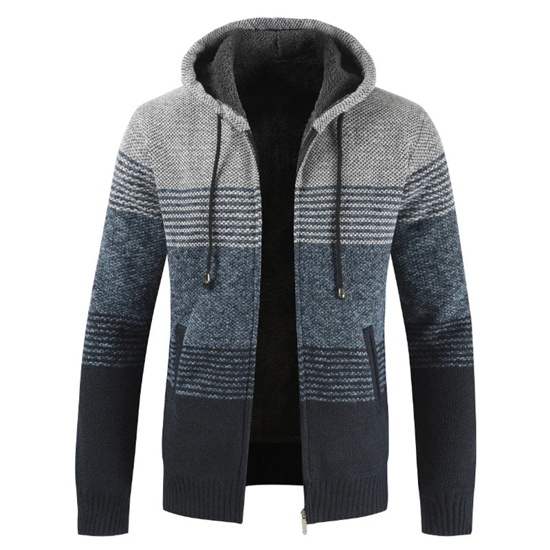 Men's Winter Hooded Cardigan - Thick Warm Striped Wool Liner Zipper Sweater Coat - StylePicksBySei