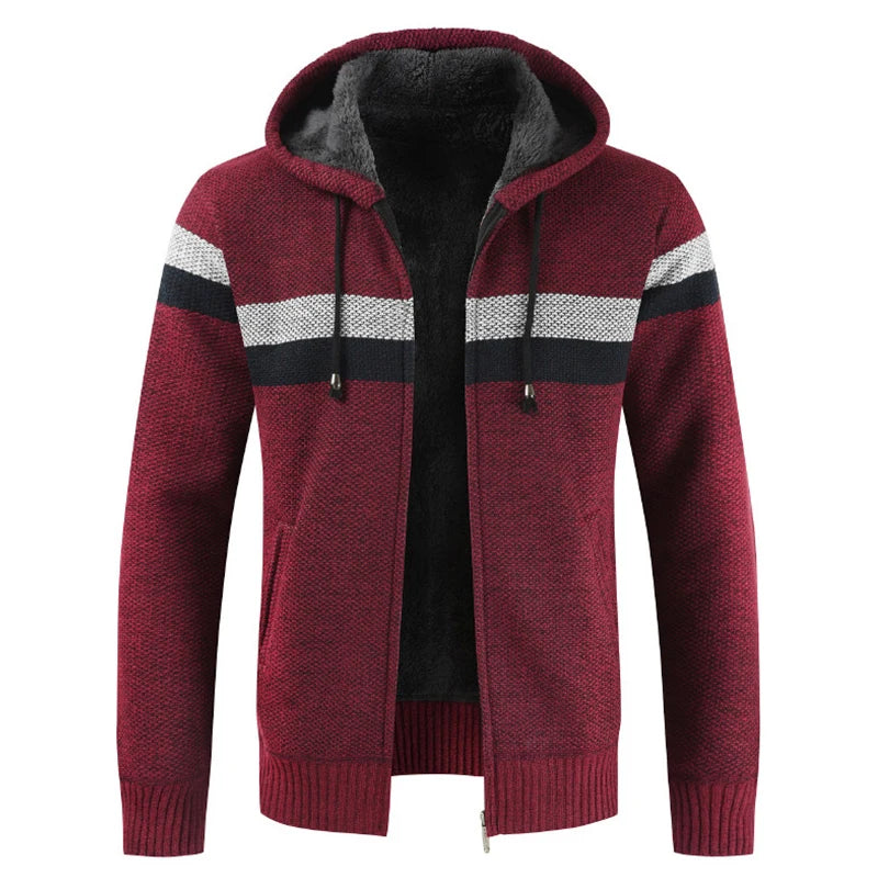 Men's Winter Hooded Cardigan - Thick Warm Striped Wool Liner Zipper Sweater Coat - StylePicksBySei