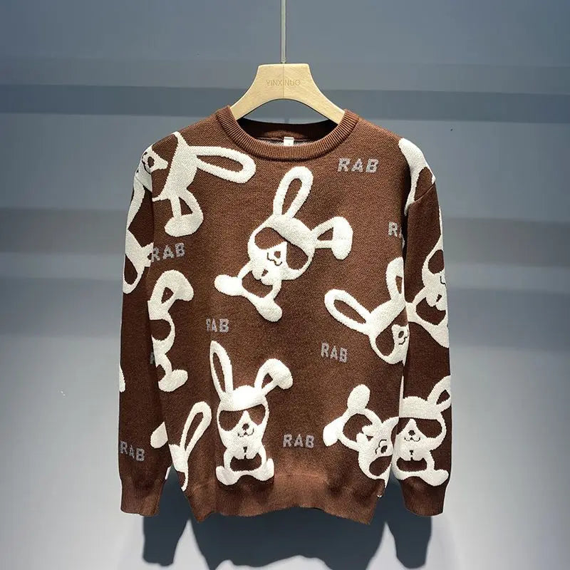 Men's Rabbit Print Knitted Sweater - Casual Round Neck Pullover - StylePicksBySei