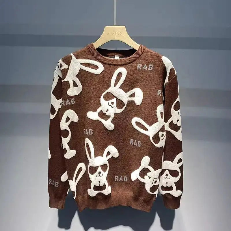 Men's Rabbit Print Knitted Sweater - Casual Round Neck Pullover - StylePicksBySei