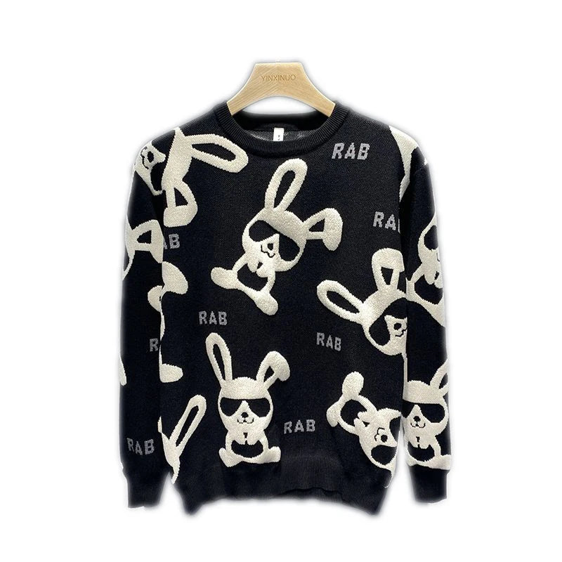 Men's Rabbit Print Knitted Sweater - Casual Round Neck Pullover - StylePicksBySei
