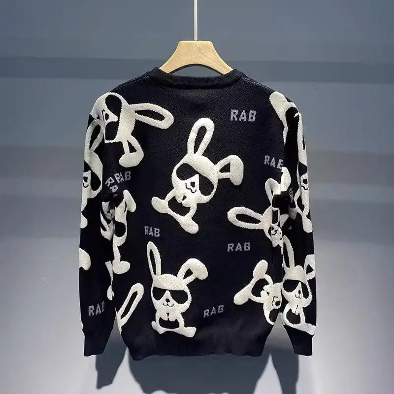 Men's Rabbit Print Knitted Sweater - Casual Round Neck Pullover - StylePicksBySei