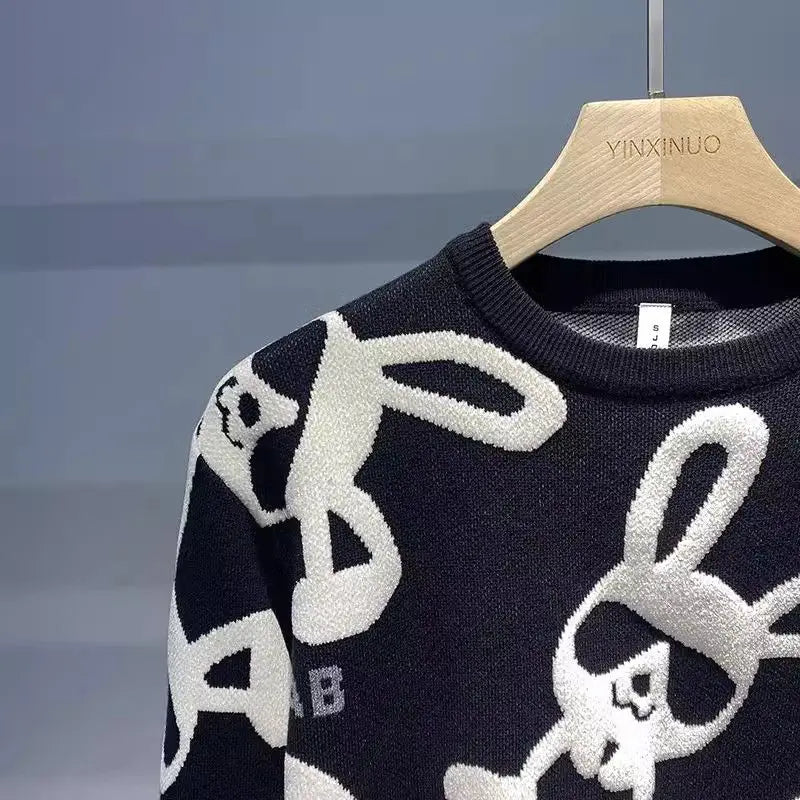 Men's Rabbit Print Knitted Sweater - Casual Round Neck Pullover - StylePicksBySei