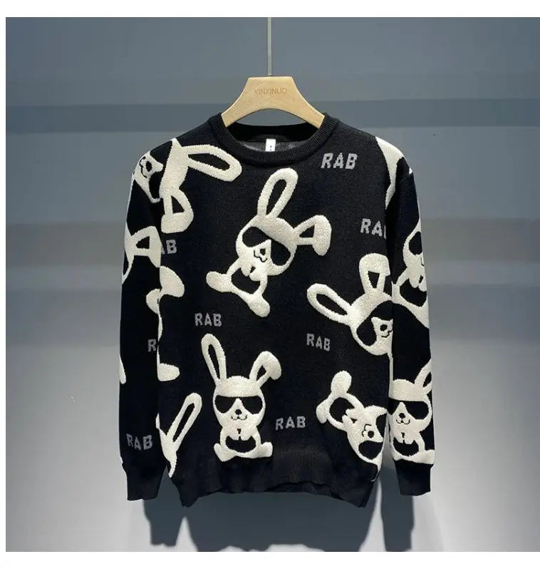 Men's Rabbit Print Knitted Sweater - Casual Round Neck Pullover - StylePicksBySei