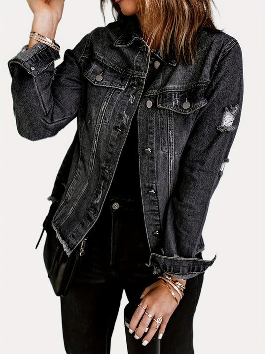 Black Ripped Denim Jacket - Long Sleeve Raw Hem Button Coat with Flap Pockets for Women