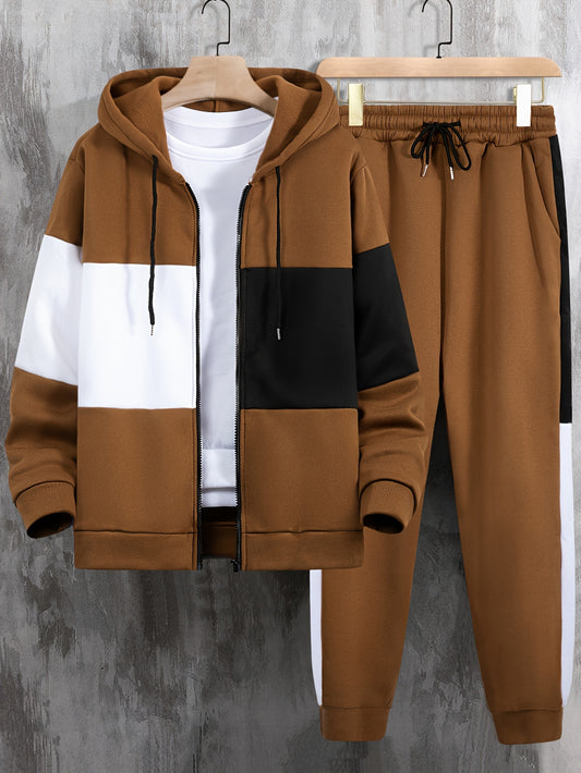 Men's Color Block Tracksuit Set - 2 Piece Full-Zip Hoodie & Joggers