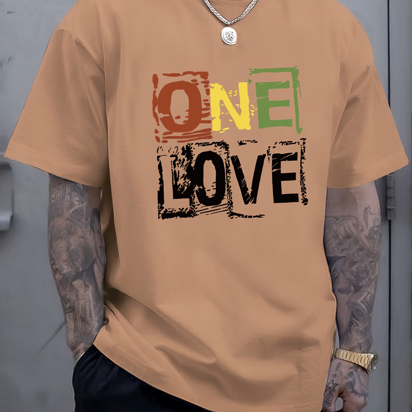 Men's One Love Letter Print T-Shirt - Casual Crew Neck Short Sleeve Tee