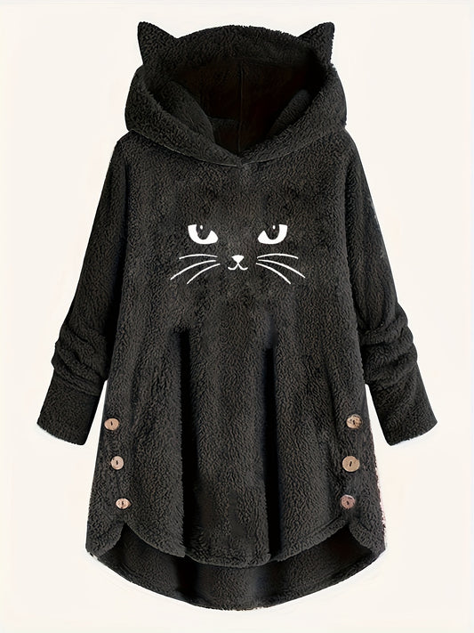 Cat Print Plush Hoodie for Women - Cozy Long Sleeve Button Sweatshirt