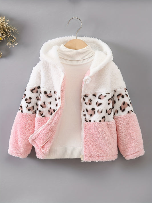 Girls Leopard Print Hoodie - Warm Fleece-Lined Zip-Up Jacket for Fall Winter