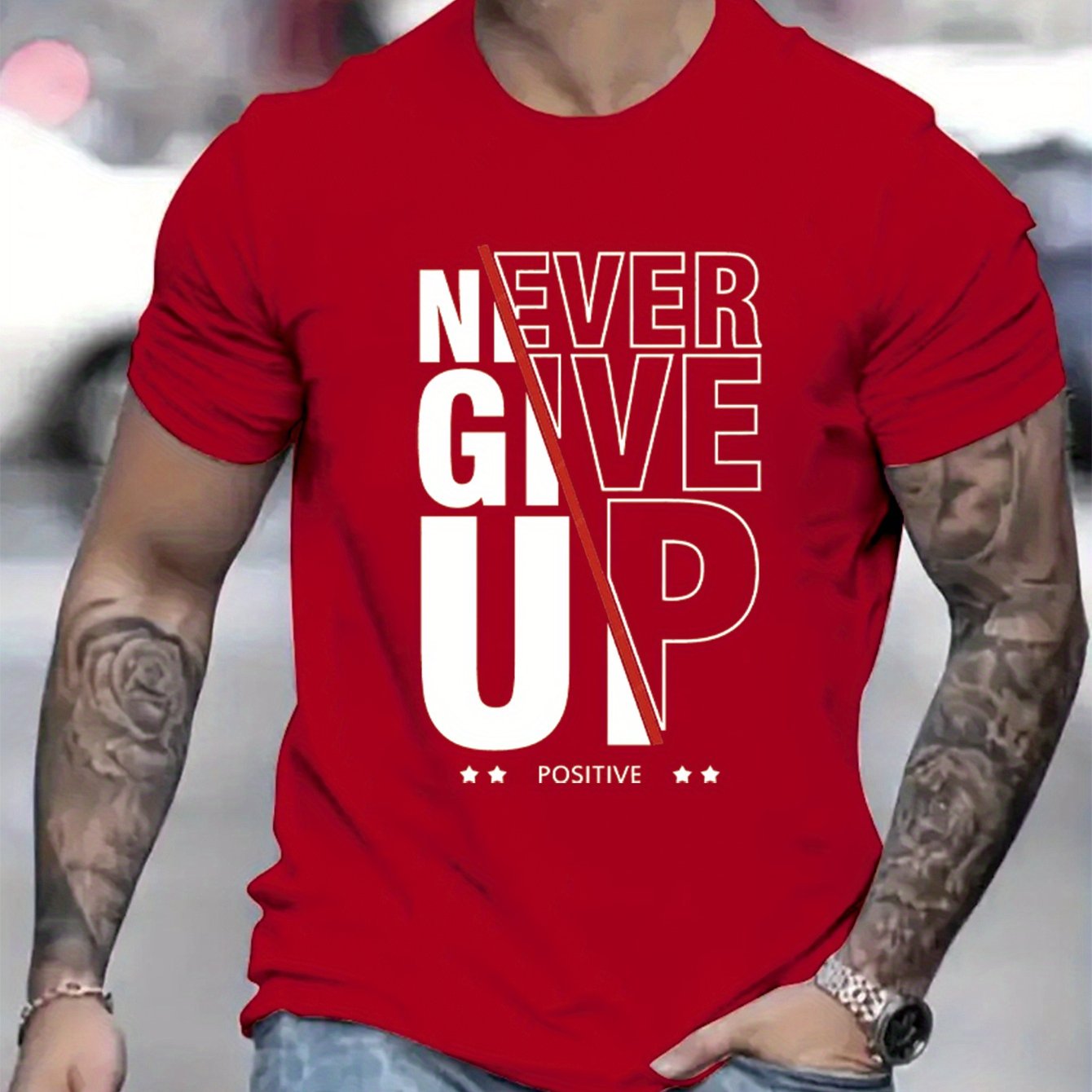 Men's Never Give Up Graphic T-Shirt - Casual Short Sleeve Crew Neck Tee