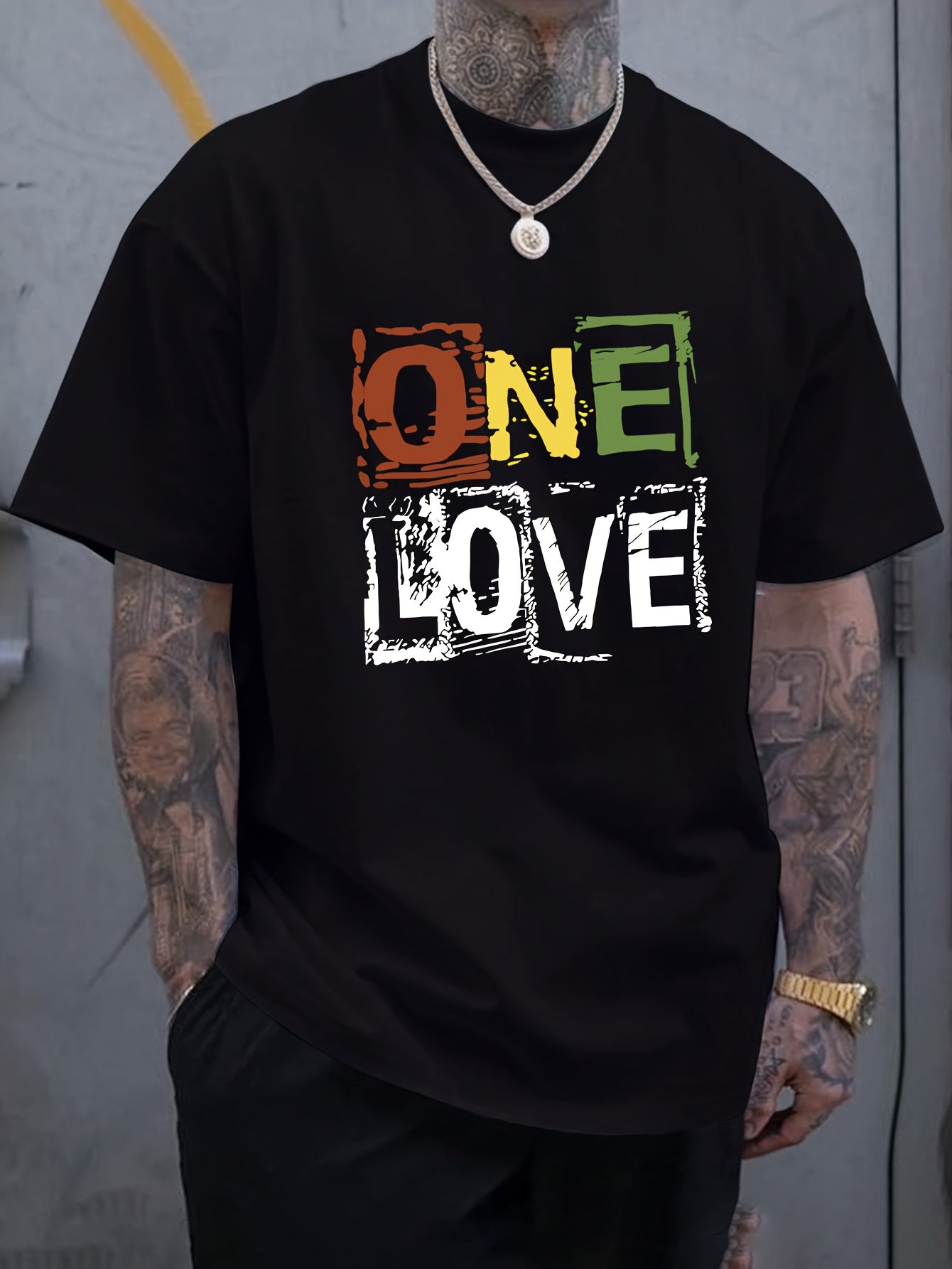 Men's One Love Letter Print T-Shirt - Casual Crew Neck Short Sleeve Tee