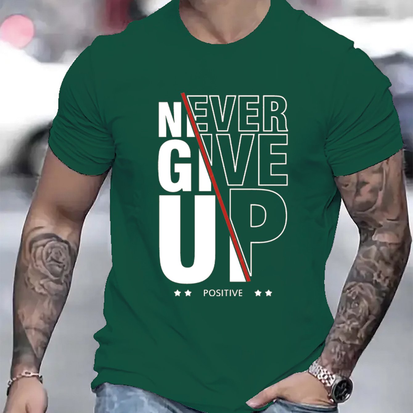 Men's Never Give Up Graphic T-Shirt - Casual Short Sleeve Crew Neck Tee