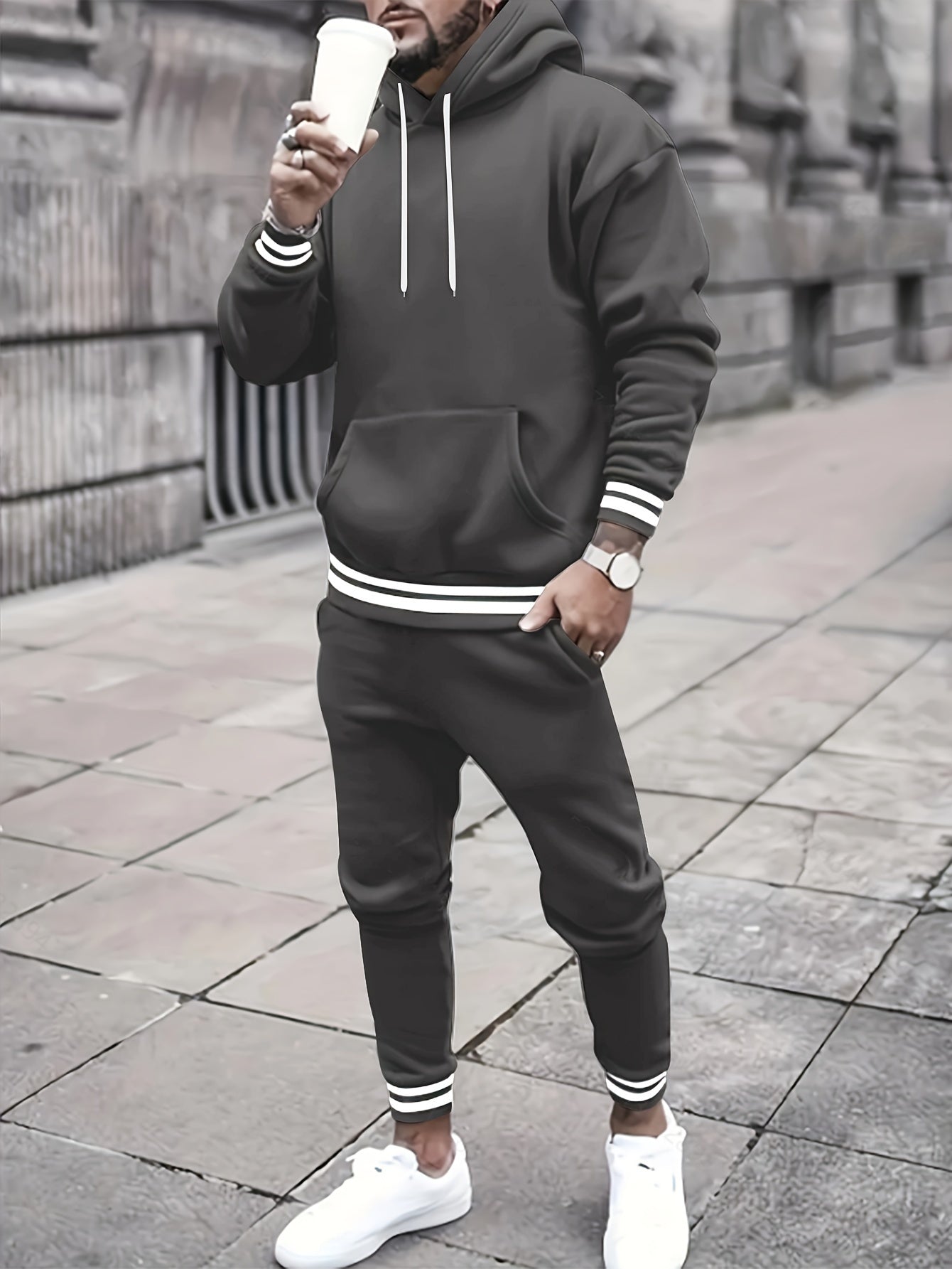 Men's Solid Color Tracksuit Set - Hoodie & Joggers with Pockets