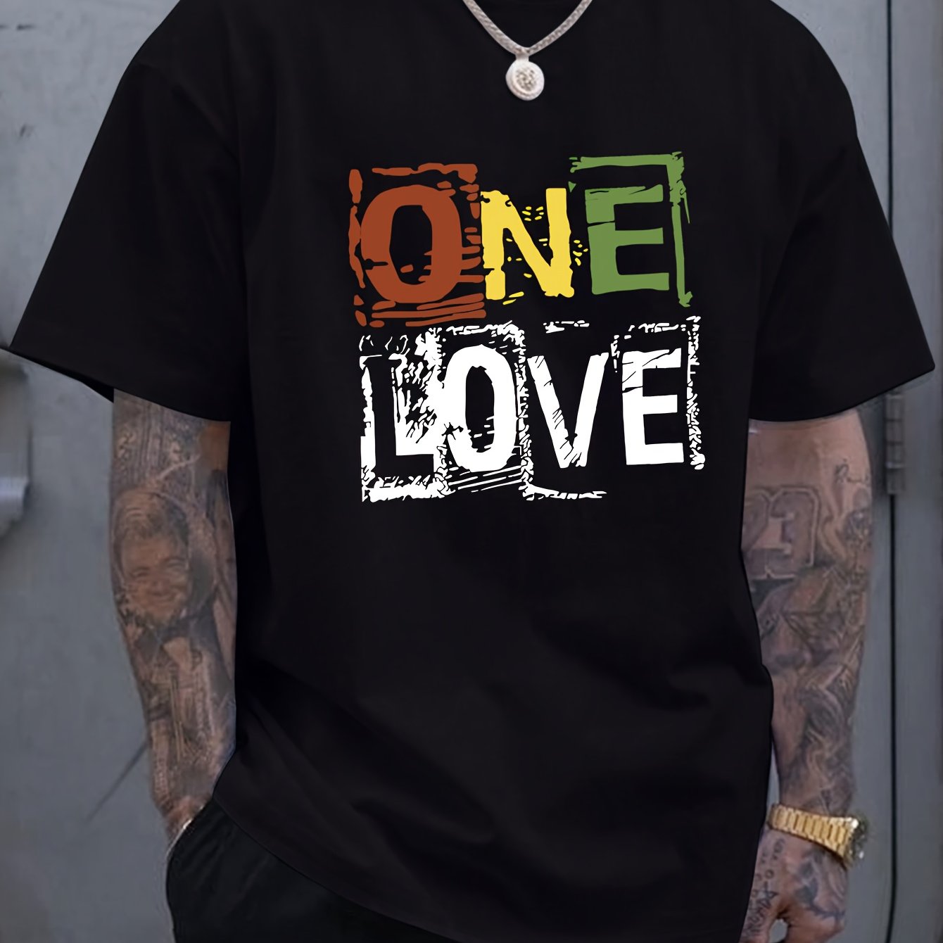 Men's One Love Letter Print T-Shirt - Casual Crew Neck Short Sleeve Tee
