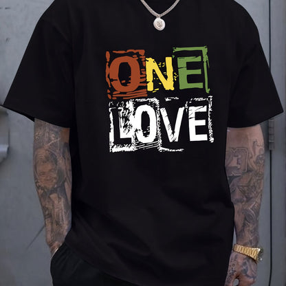 Men's One Love Letter Print T-Shirt - Casual Crew Neck Short Sleeve Tee