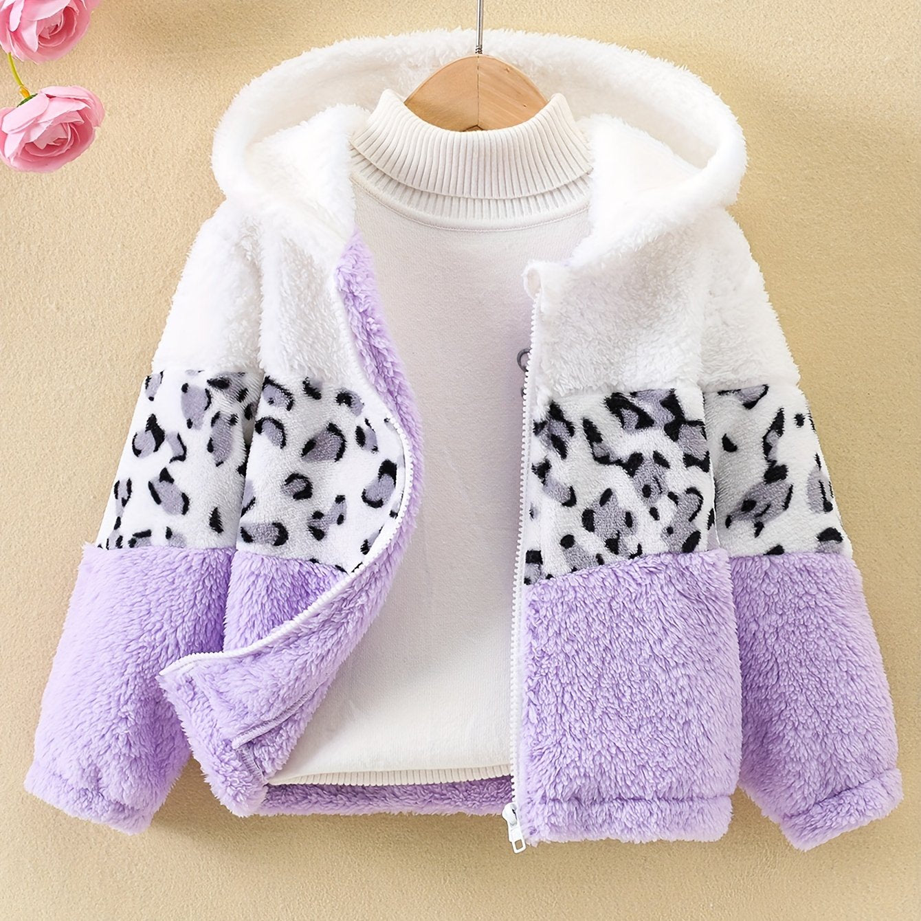 Girls Leopard Print Hoodie - Warm Fleece-Lined Zip-Up Jacket for Fall Winter