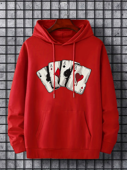 Men's Ace Playing Card Graphic Hoodie - Casual Pullover with Kangaroo Pocket