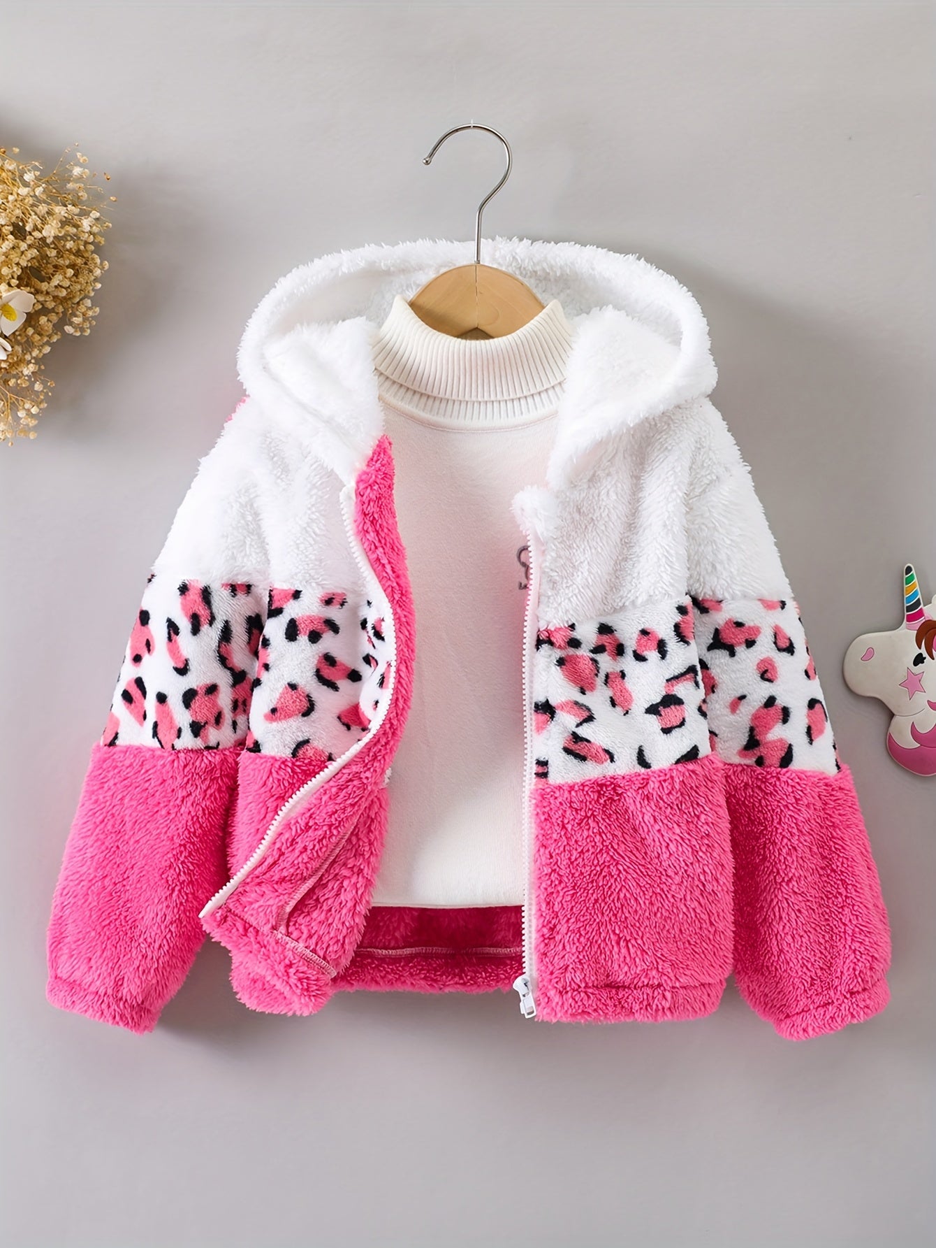 Girls Leopard Print Hoodie - Warm Fleece-Lined Zip-Up Jacket for Fall Winter