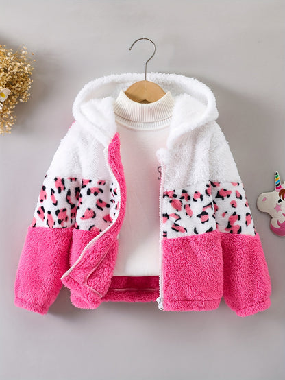 Girls Leopard Print Hoodie - Warm Fleece-Lined Zip-Up Jacket for Fall Winter