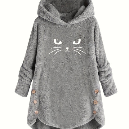 Cat Print Plush Hoodie for Women - Cozy Long Sleeve Button Sweatshirt