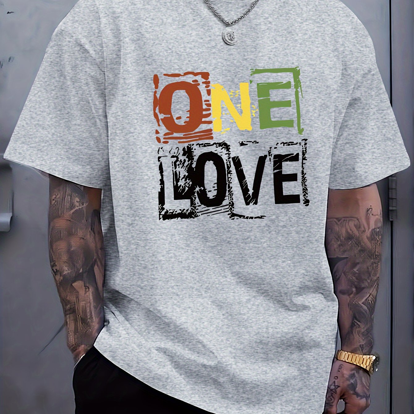 Men's One Love Letter Print T-Shirt - Casual Crew Neck Short Sleeve Tee