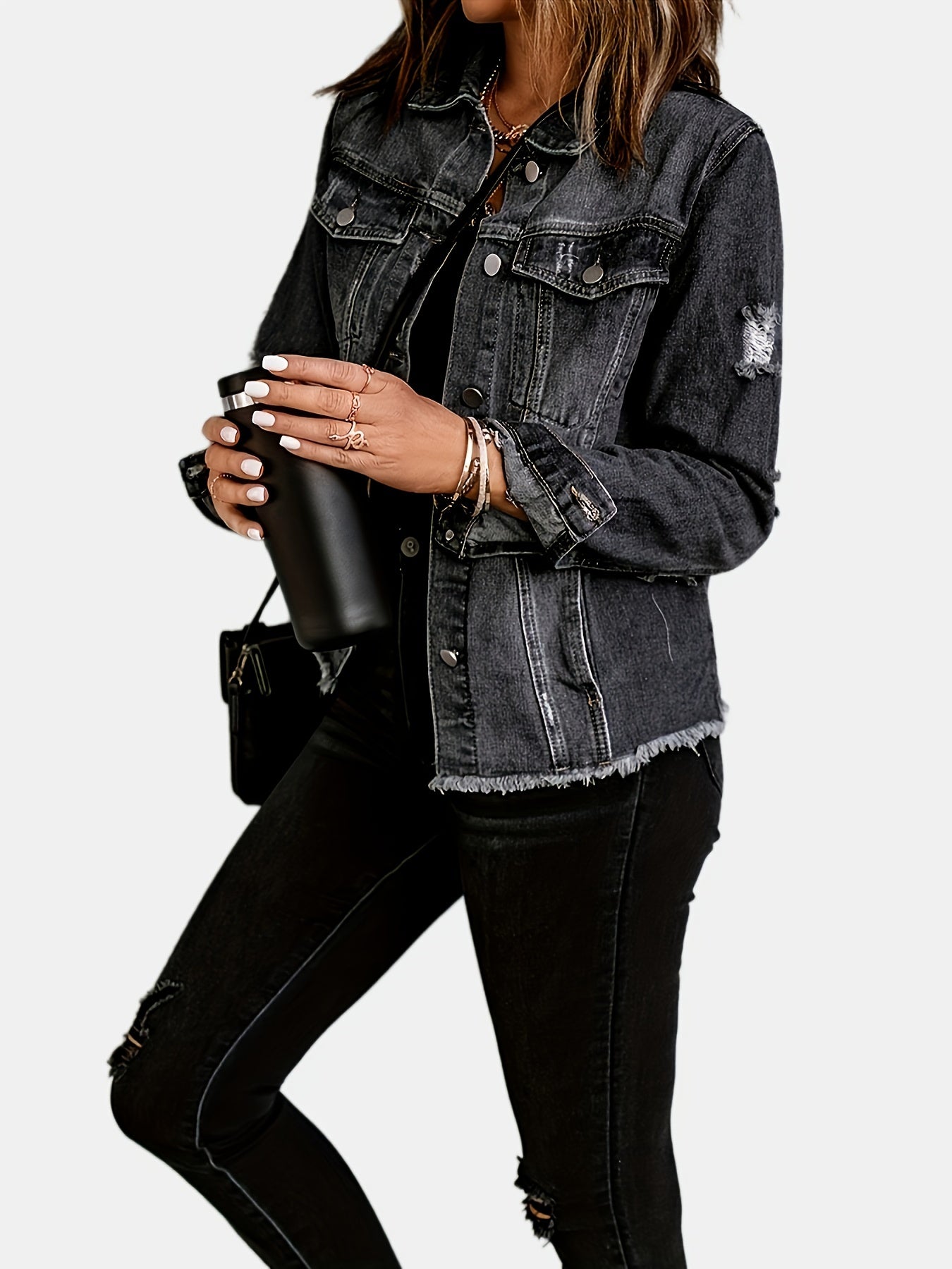 Black Ripped Denim Jacket - Long Sleeve Raw Hem Button Coat with Flap Pockets for Women