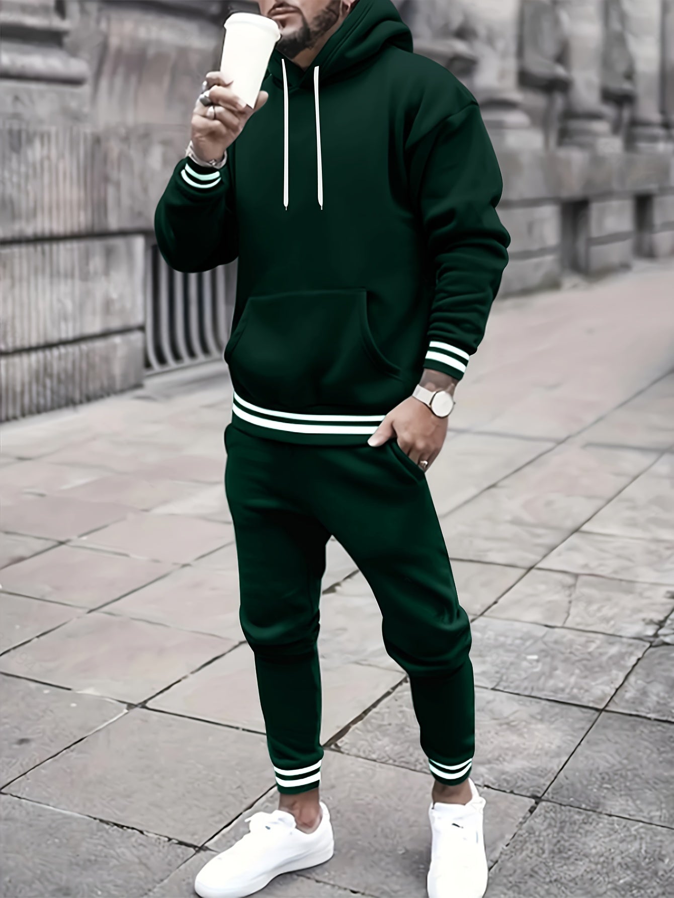 Men's Solid Color Tracksuit Set - Hoodie & Joggers with Pockets