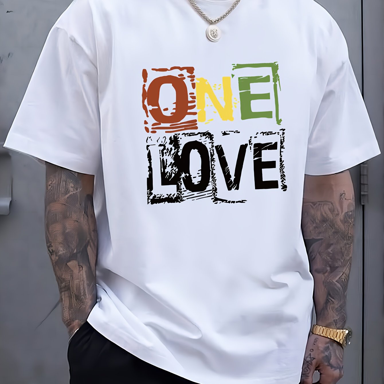 Men's One Love Letter Print T-Shirt - Casual Crew Neck Short Sleeve Tee