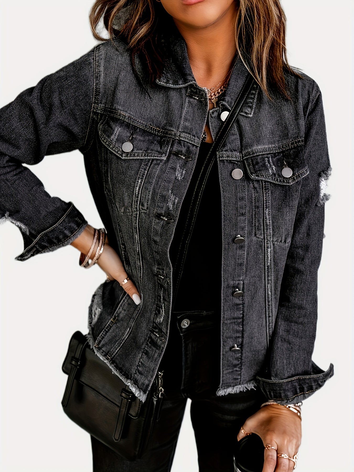 Black Ripped Denim Jacket - Long Sleeve Raw Hem Button Coat with Flap Pockets for Women